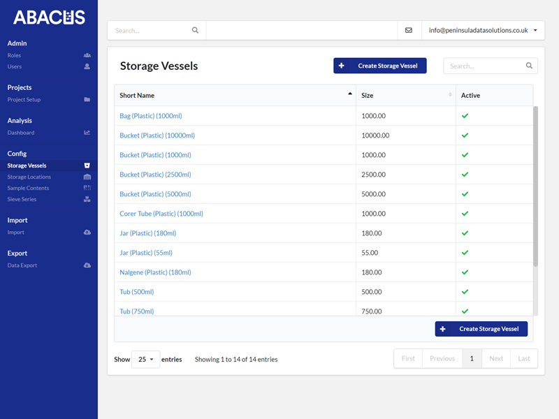 Image of an example list of Storage Vessels in ABACUS