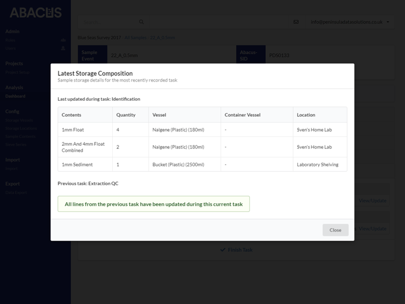 Image of an latest storage information for a sample in ABACUS