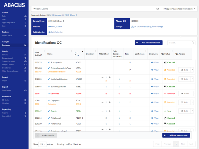 Screenshot of a Taxonomic Identifications Quality Control list page
